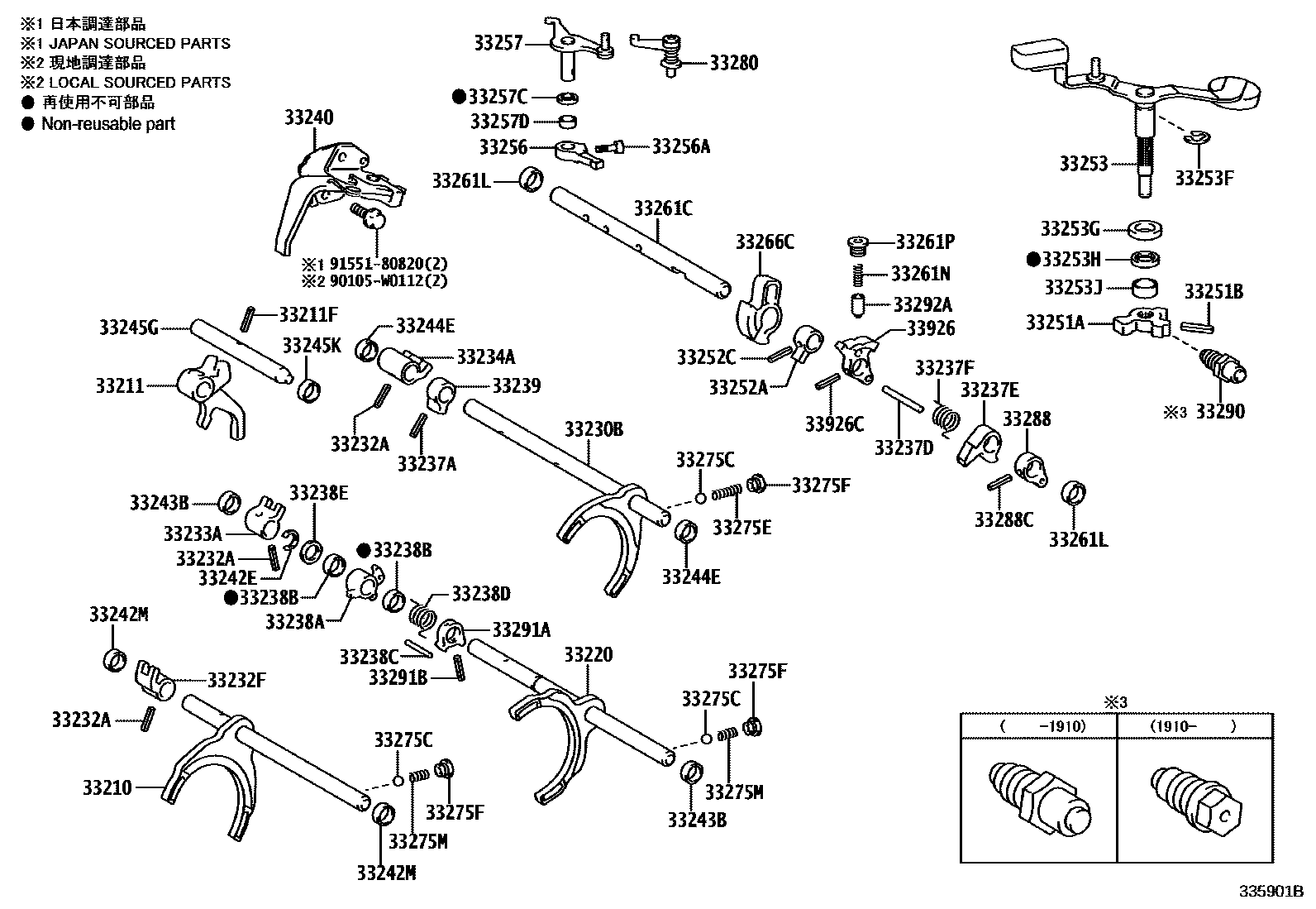 Toyota COROLLA 换档拨叉和换档杆轴(MTM) EPC diagram — 335901B