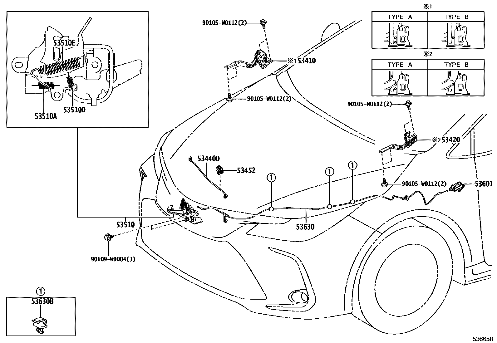 Toyota COROLLA 发动机盖锁和铰链 EPC diagram — 536658