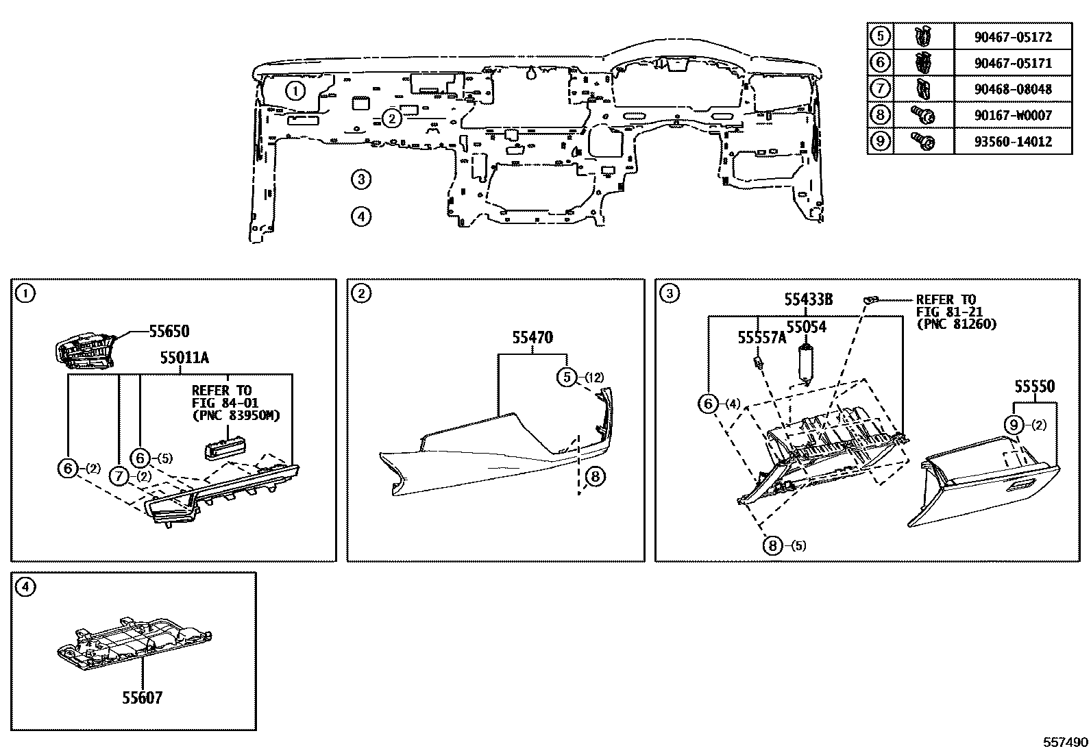 Toyota COROLLA 仪表板和手套箱 EPC diagram — 557490