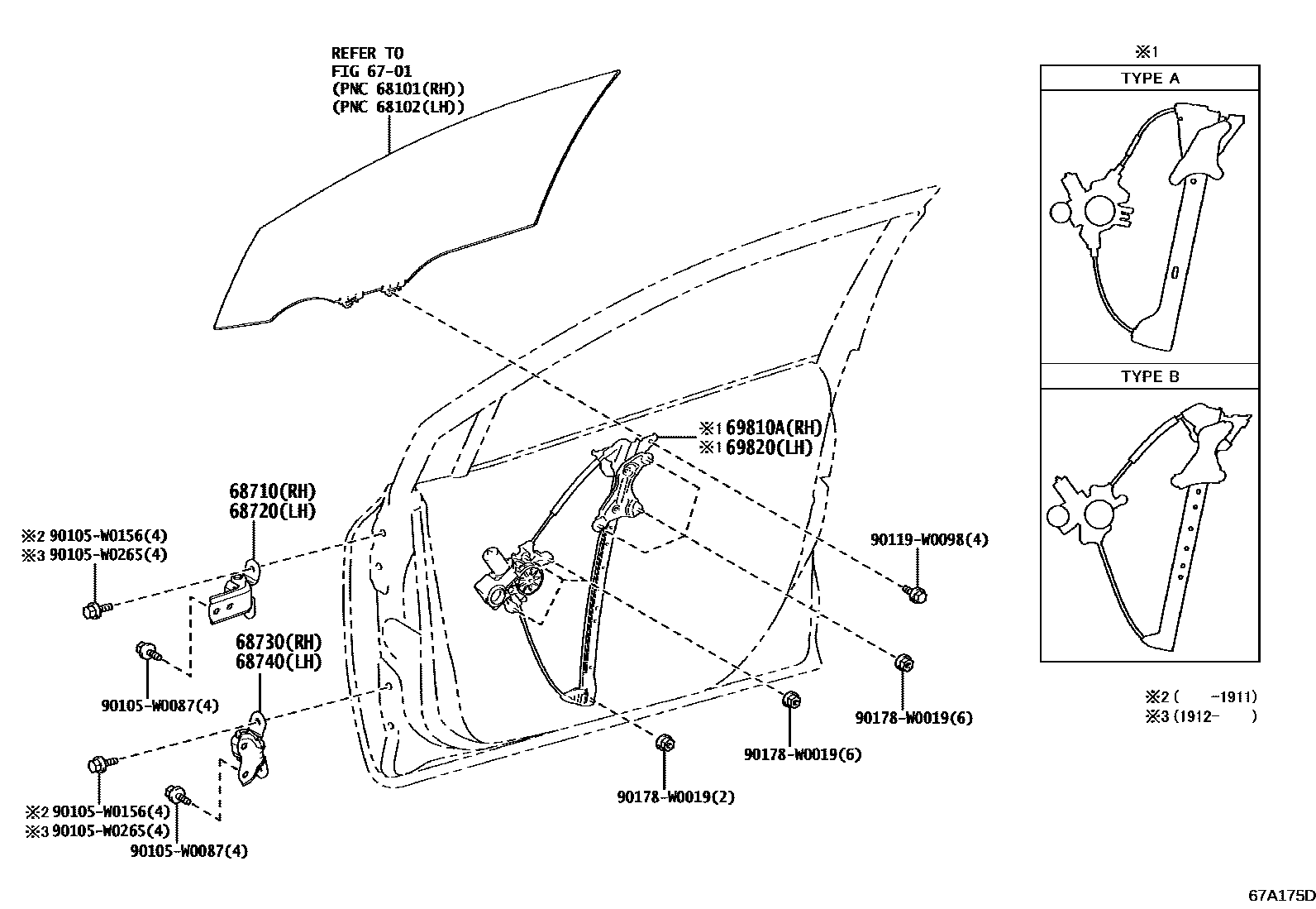 Toyota COROLLA 前门车窗升降器和合页 EPC diagram — 67A175D