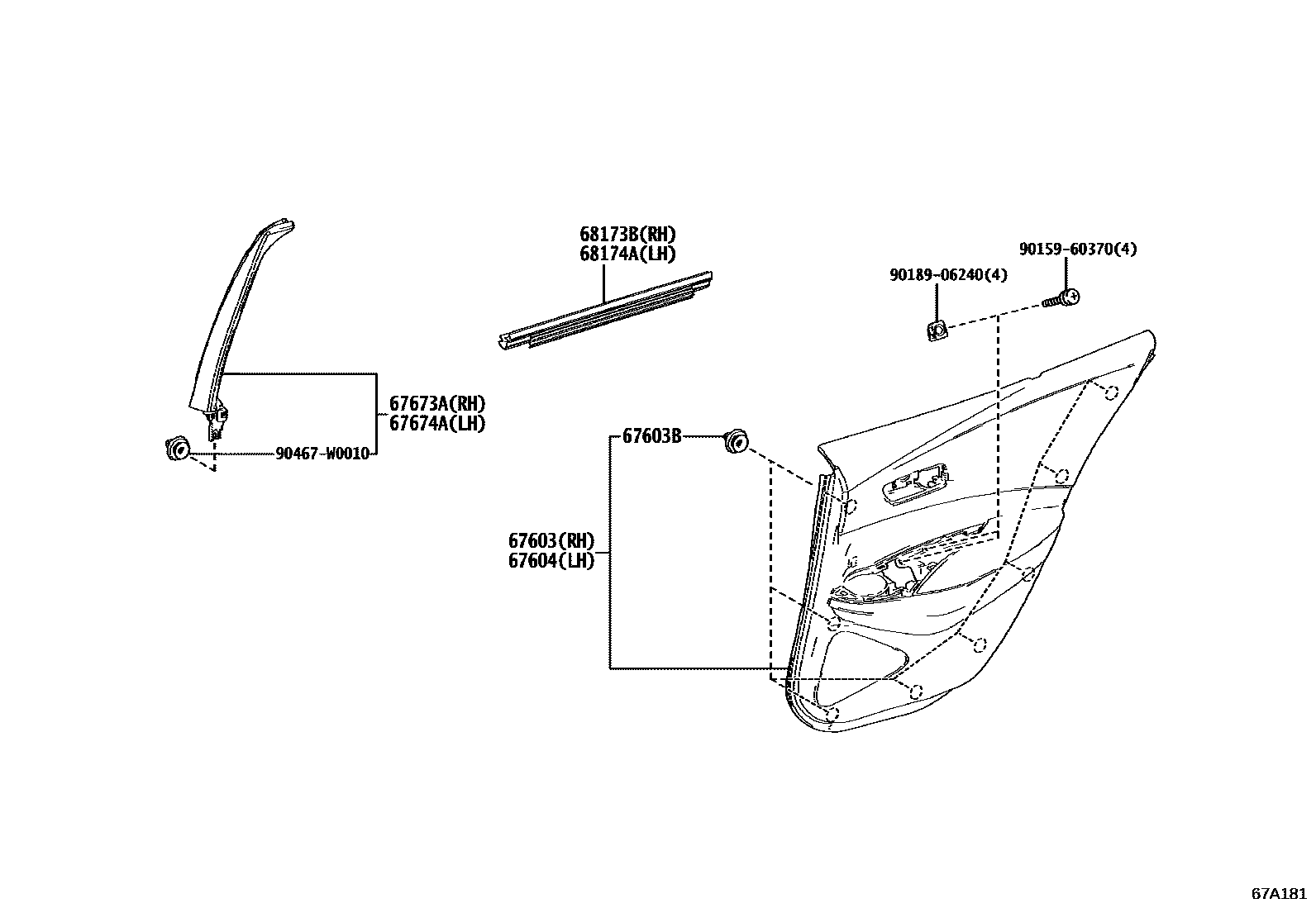 Toyota COROLLA 后门板和后门玻璃 EPC diagram — 67A181