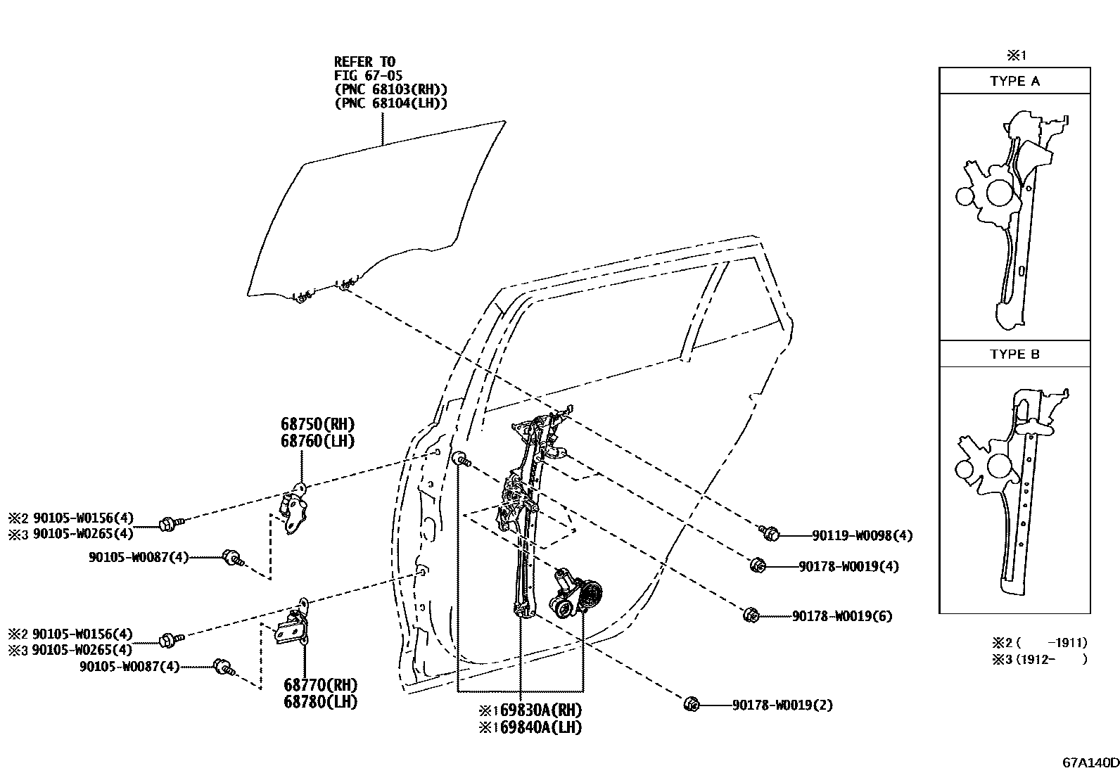 Toyota COROLLA 后门车窗升降器和合页 EPC diagram — 67A140D