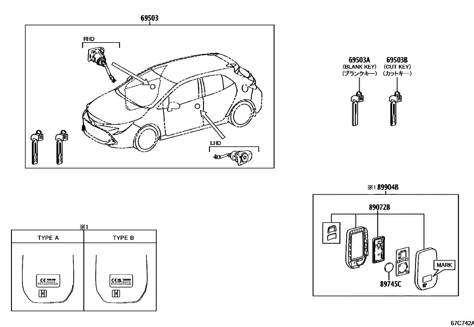 Toyota COROLLA 锁芯组件 EPC diagram — 67C742A