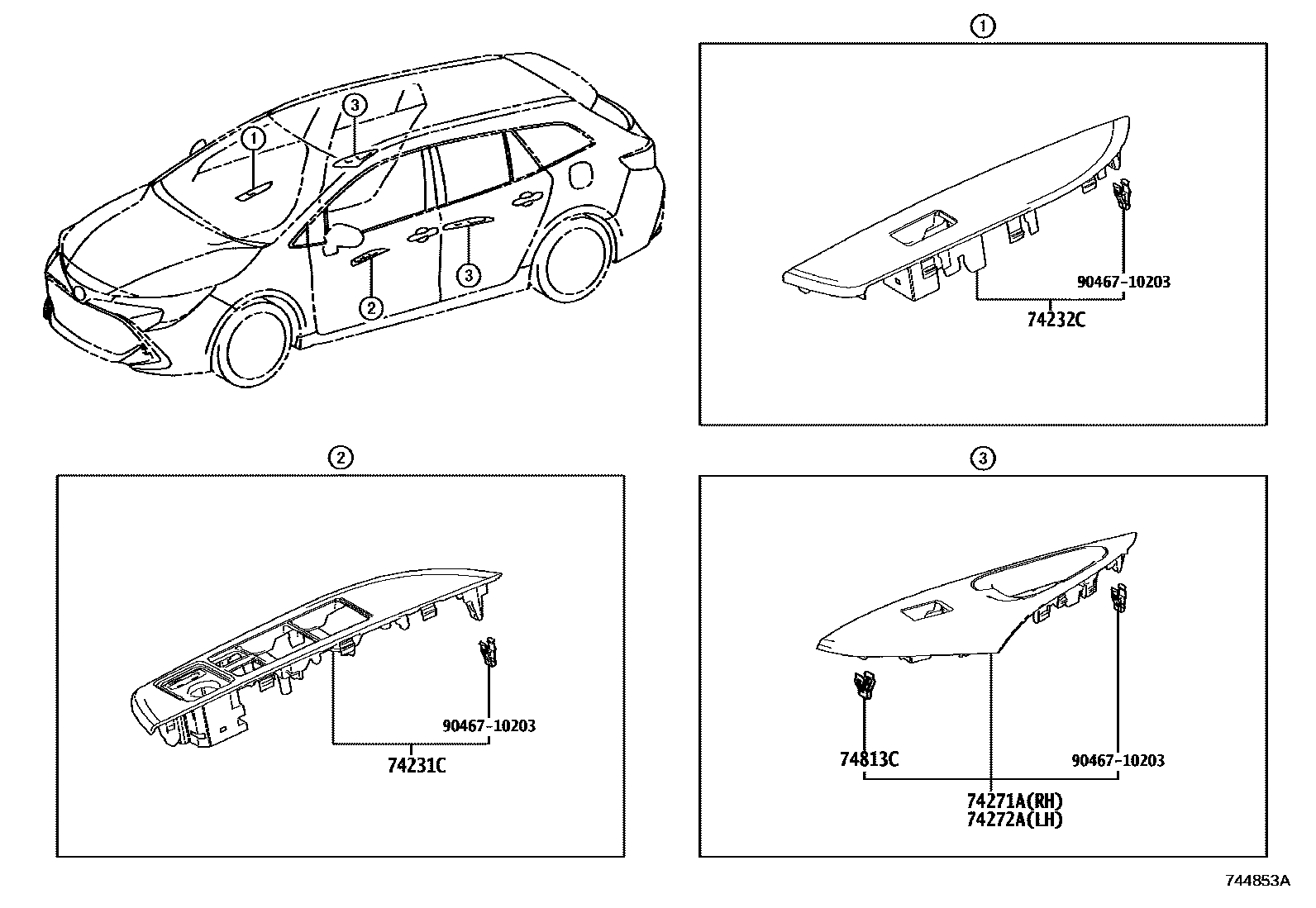 Toyota COROLLA 扶手和遮阳板 EPC diagram — 744853A