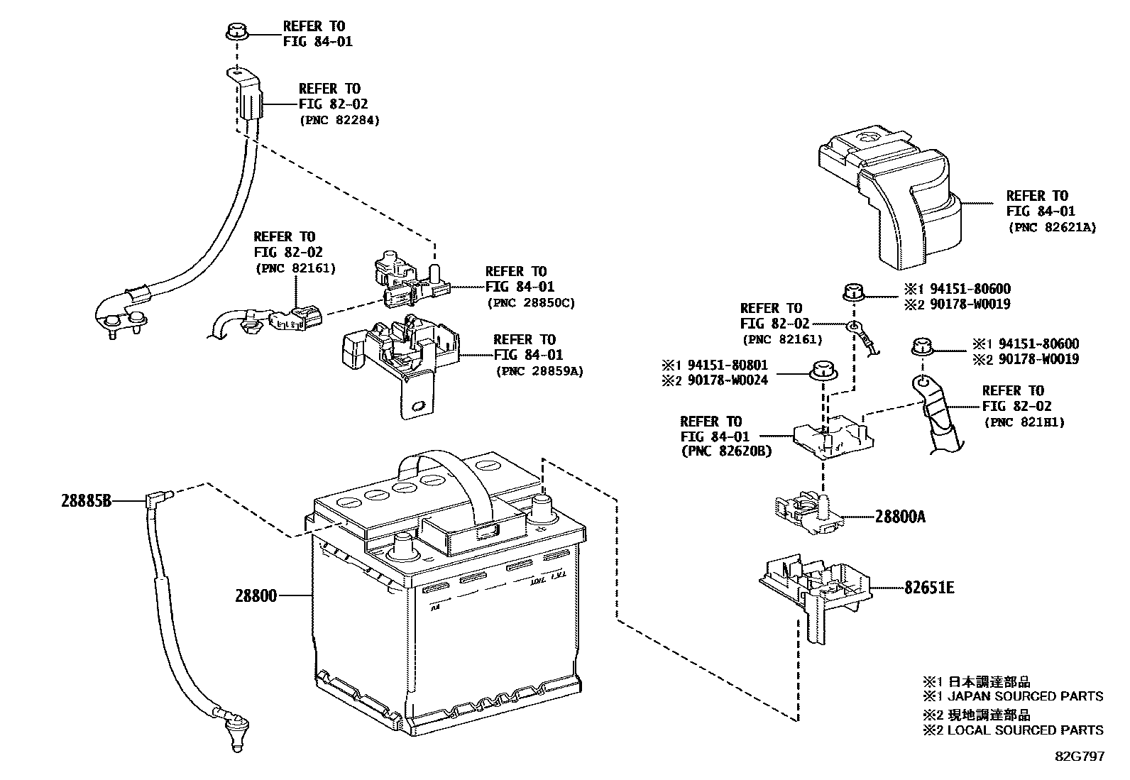 Toyota COROLLA 蓄电池和蓄电池电缆 EPC diagram — 82G797