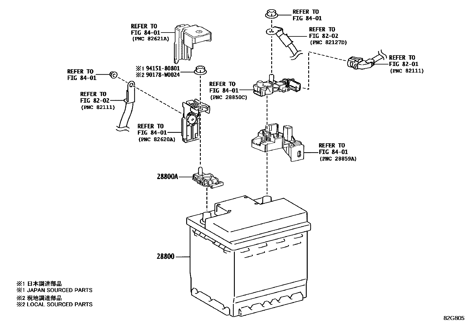 Toyota COROLLA 蓄电池和蓄电池电缆 EPC diagram — 82G805