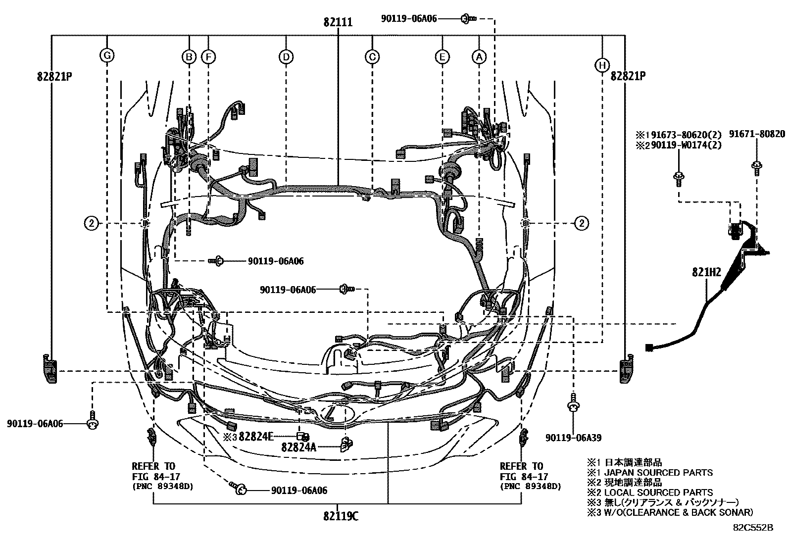 Toyota COROLLA 线束和卡夹 EPC diagram — 82C552B