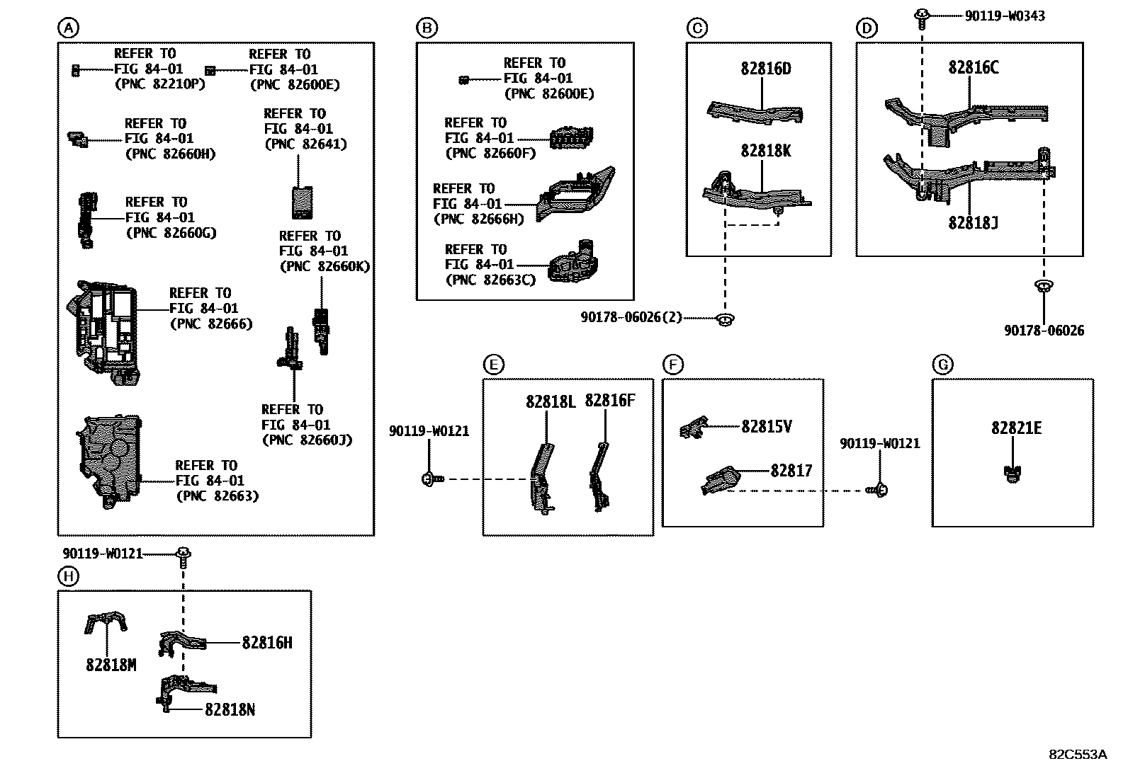 Toyota COROLLA 线束和卡夹 EPC diagram — 82C553A