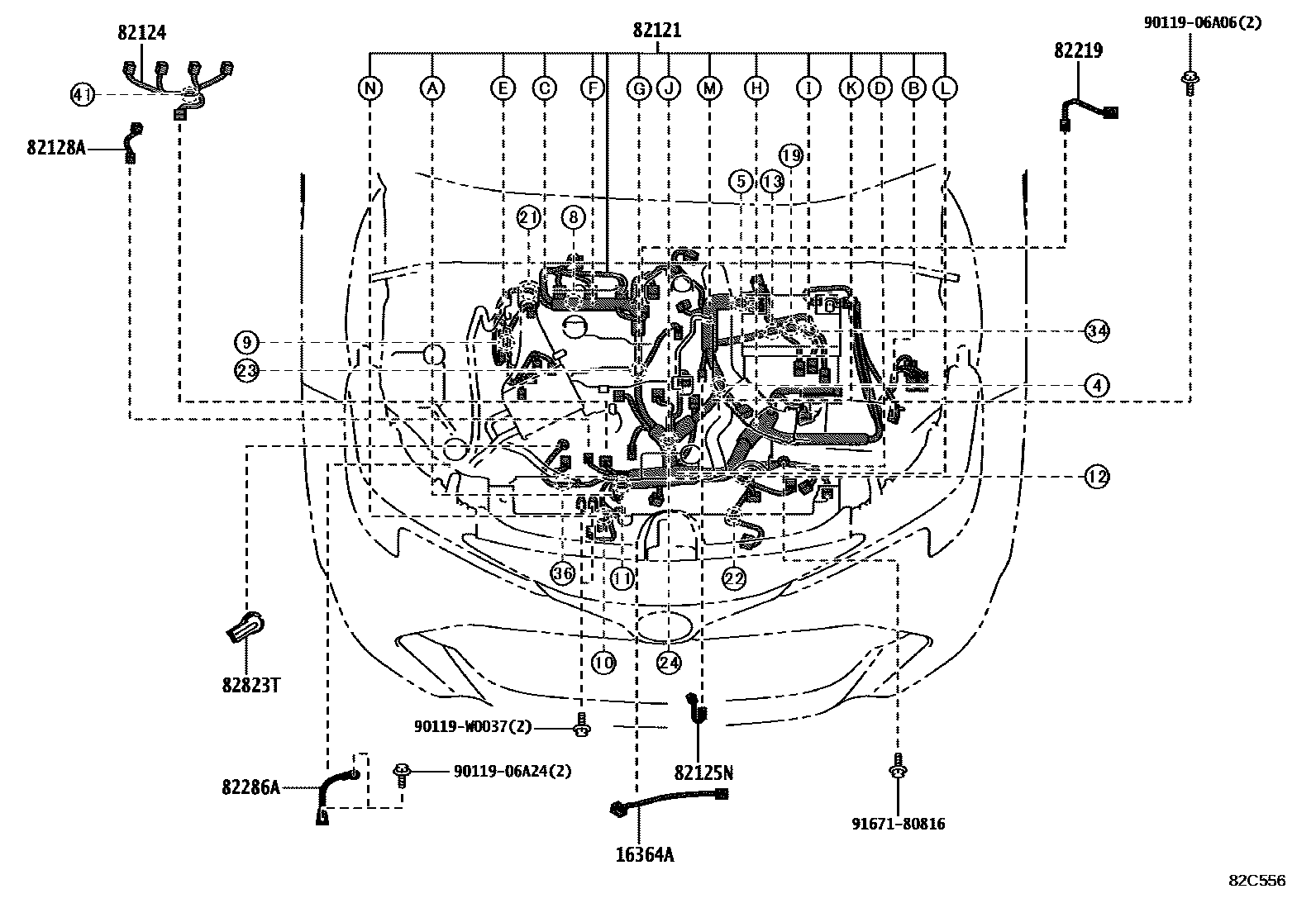 Toyota COROLLA 线束和卡夹 EPC diagram — 82C556