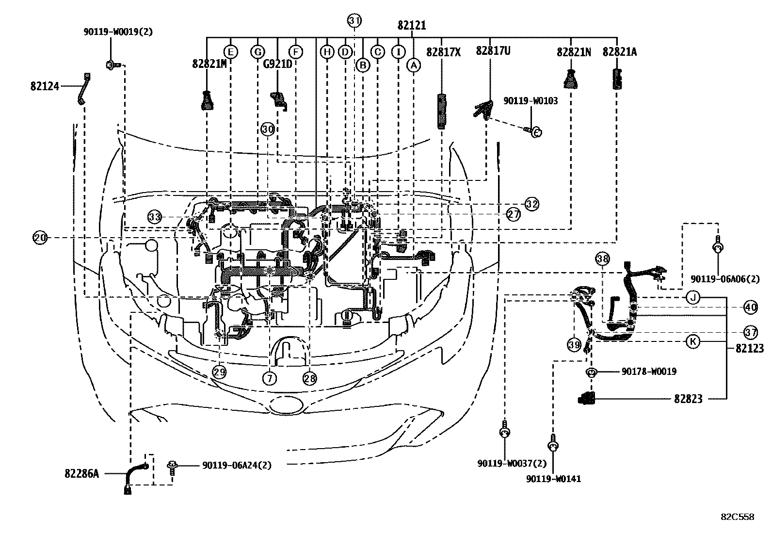 Toyota COROLLA 线束和卡夹 EPC diagram — 82C558