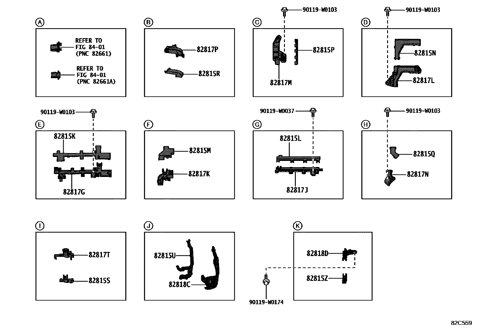 Toyota COROLLA 线束和卡夹 EPC diagram — 82C559
