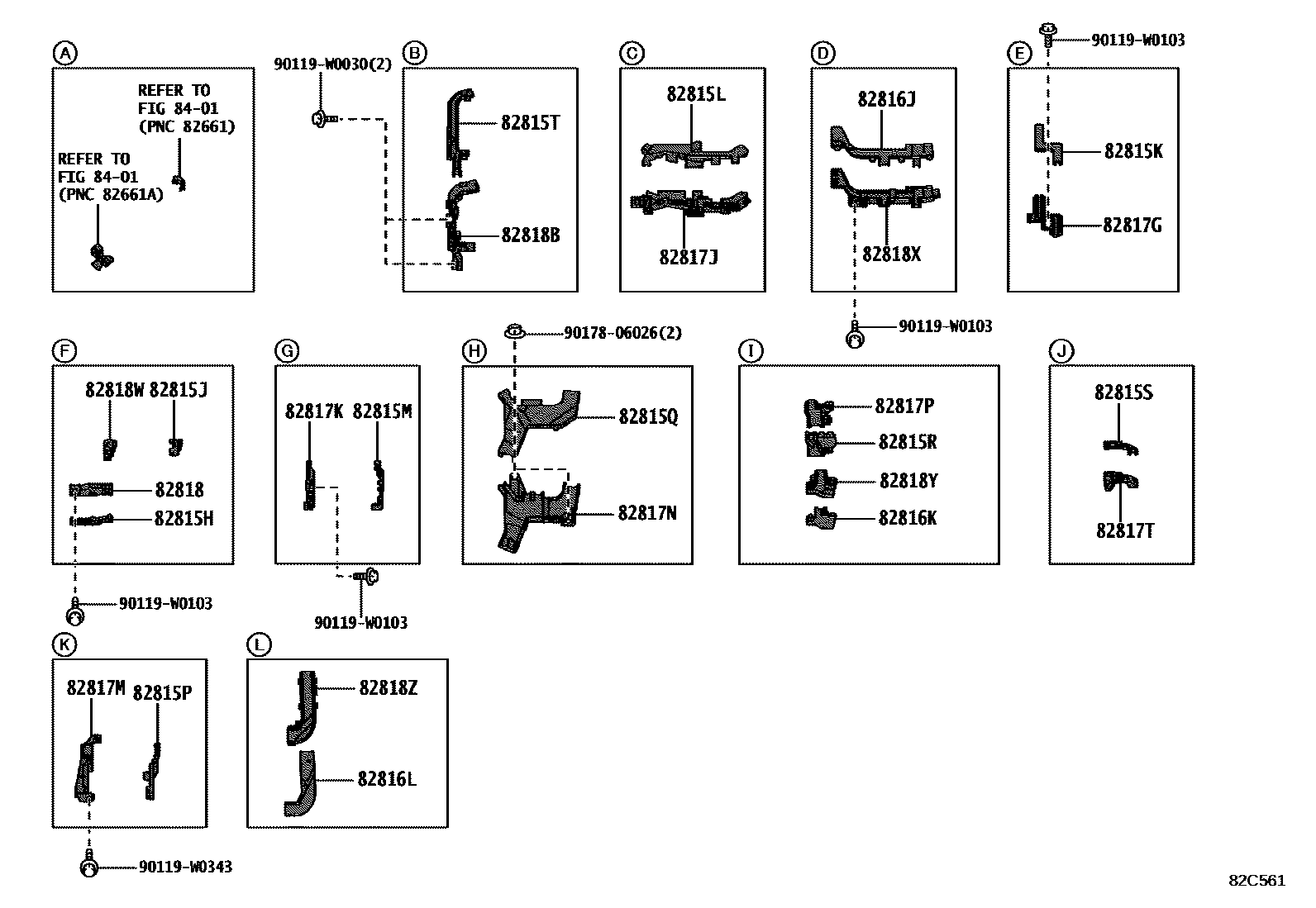 Toyota COROLLA 线束和卡夹 EPC diagram — 82C561