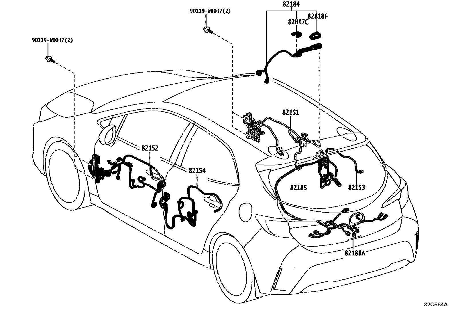 Toyota COROLLA 线束和卡夹 EPC diagram — 82C564A