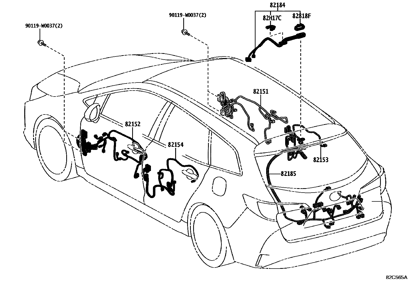Toyota COROLLA 线束和卡夹 EPC diagram — 82C565A