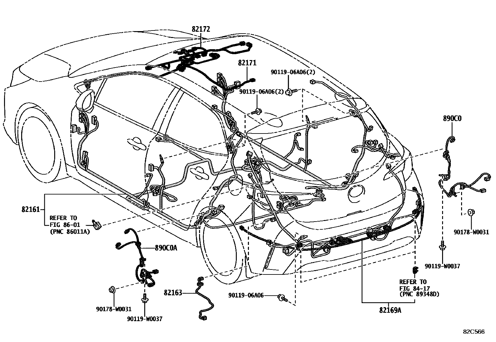 Toyota COROLLA 线束和卡夹 EPC diagram — 82C566