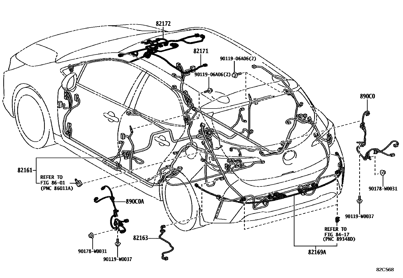 Toyota COROLLA 线束和卡夹 EPC diagram — 82C568