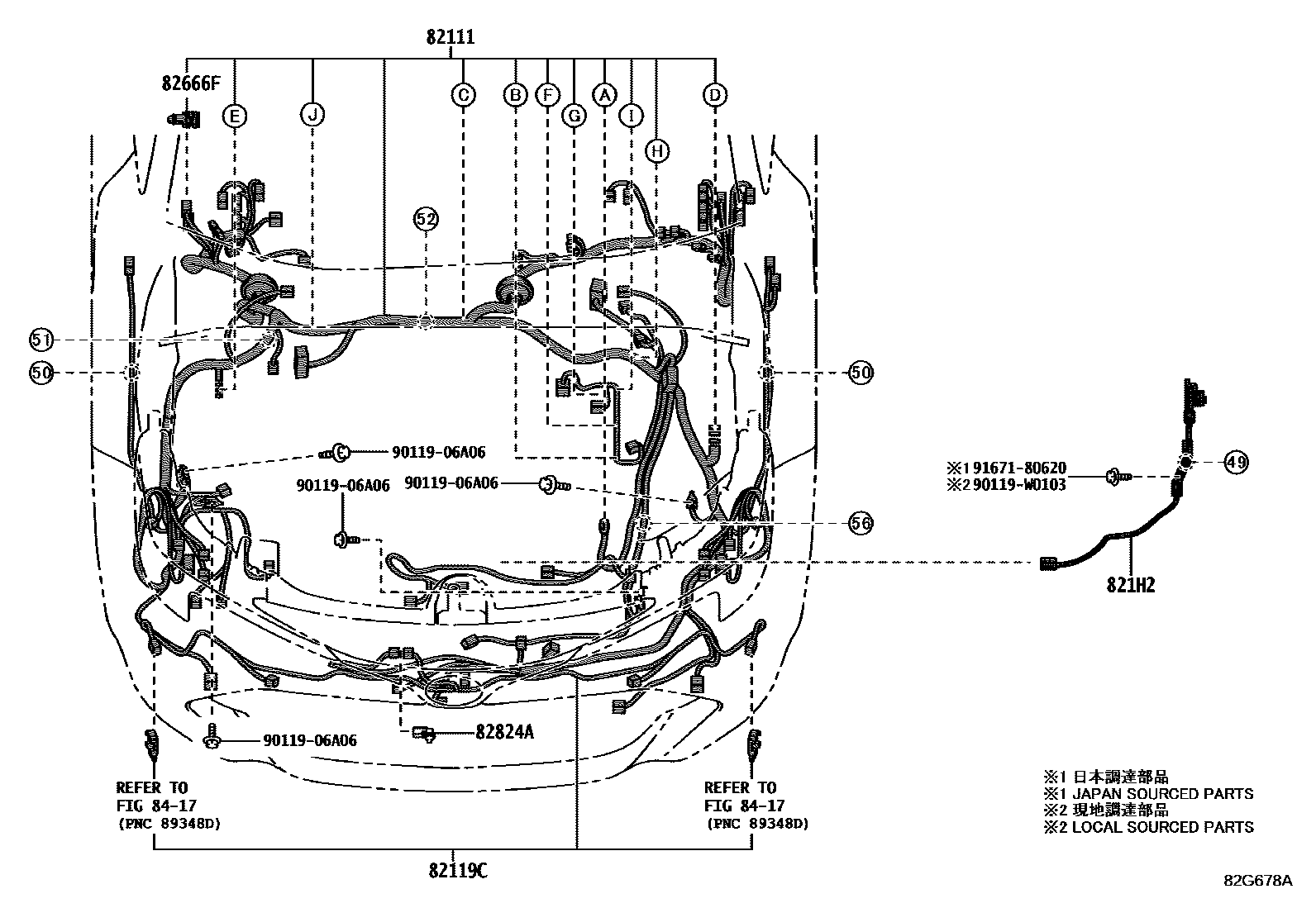 Toyota COROLLA 线束和卡夹 EPC diagram — 82G678A