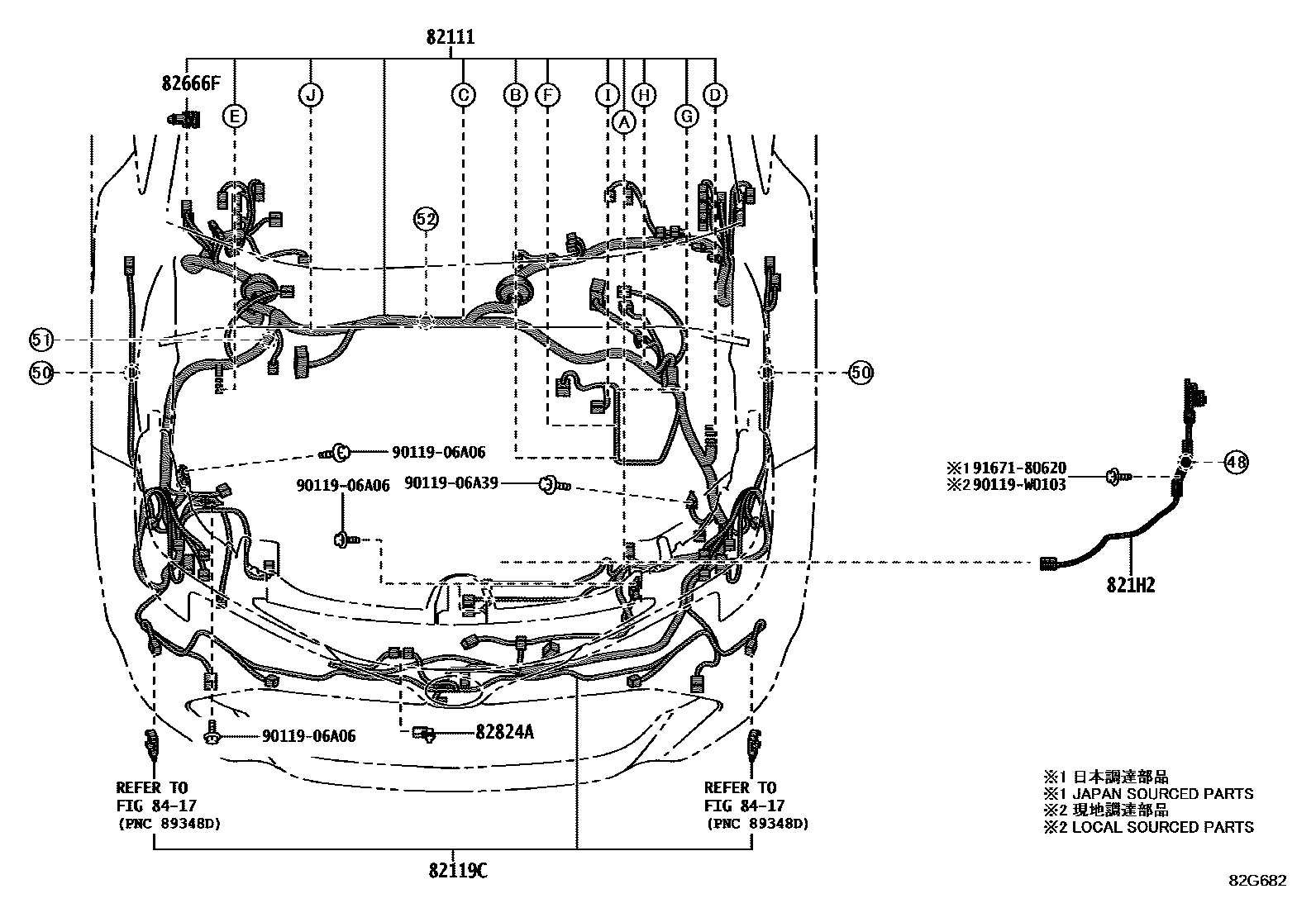 Toyota COROLLA 线束和卡夹 EPC diagram — 82G682