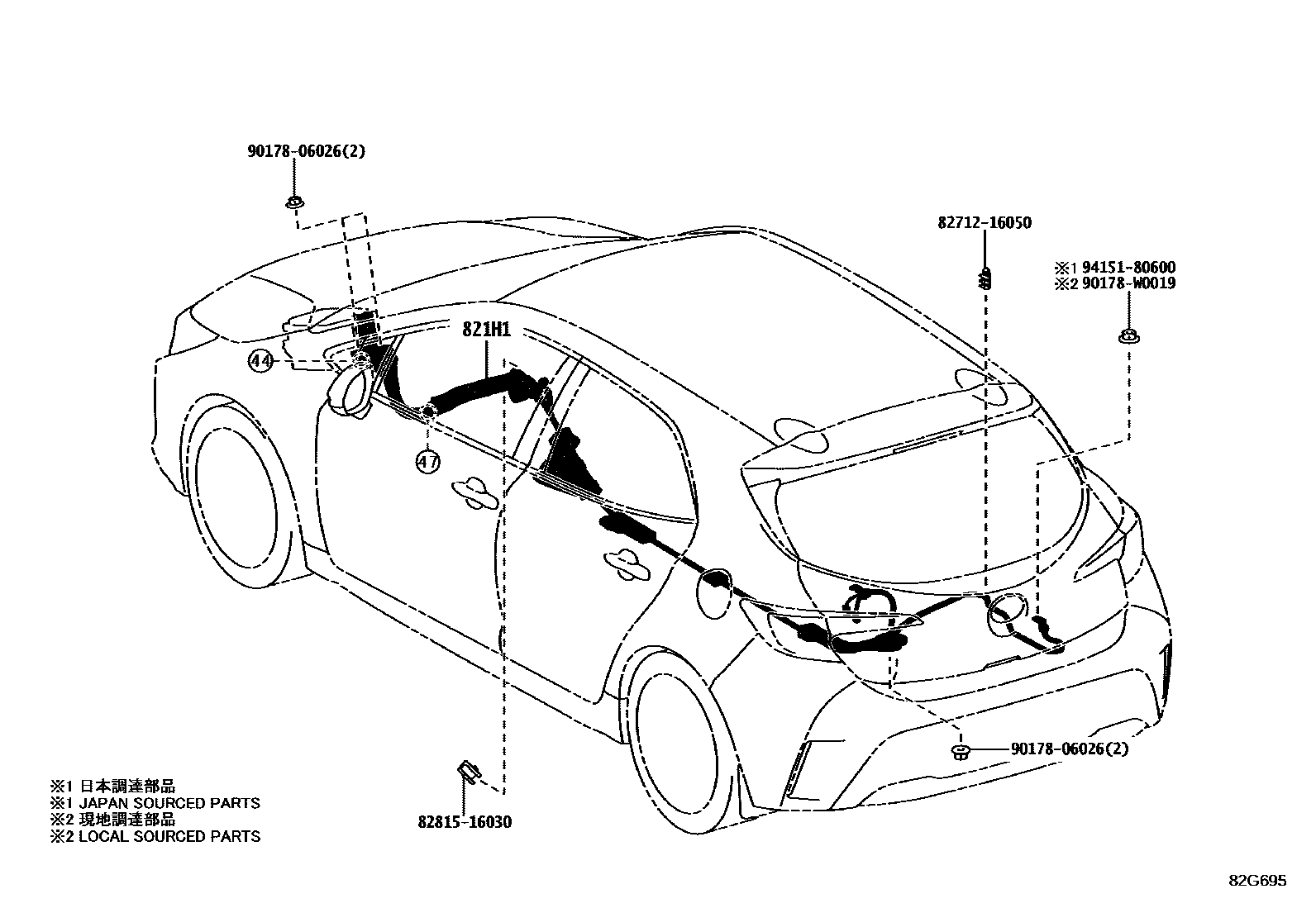 Toyota COROLLA 线束和卡夹 EPC diagram — 82G695