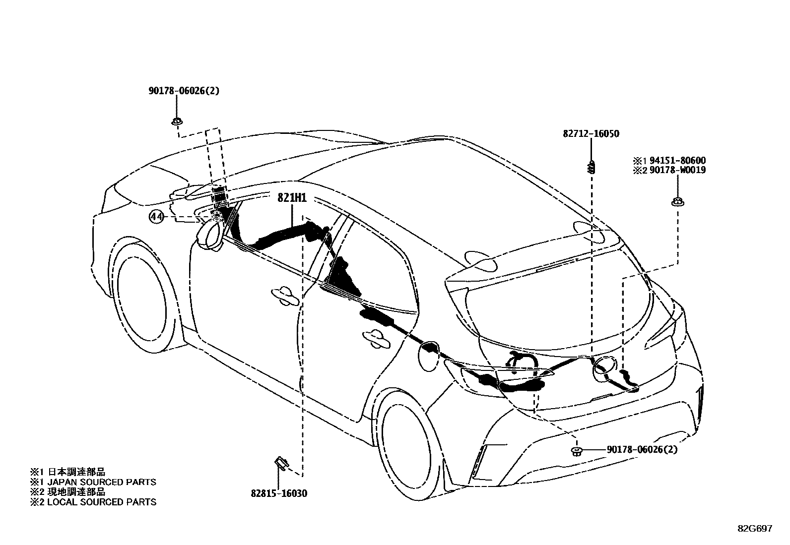 Toyota COROLLA 线束和卡夹 EPC diagram — 82G697