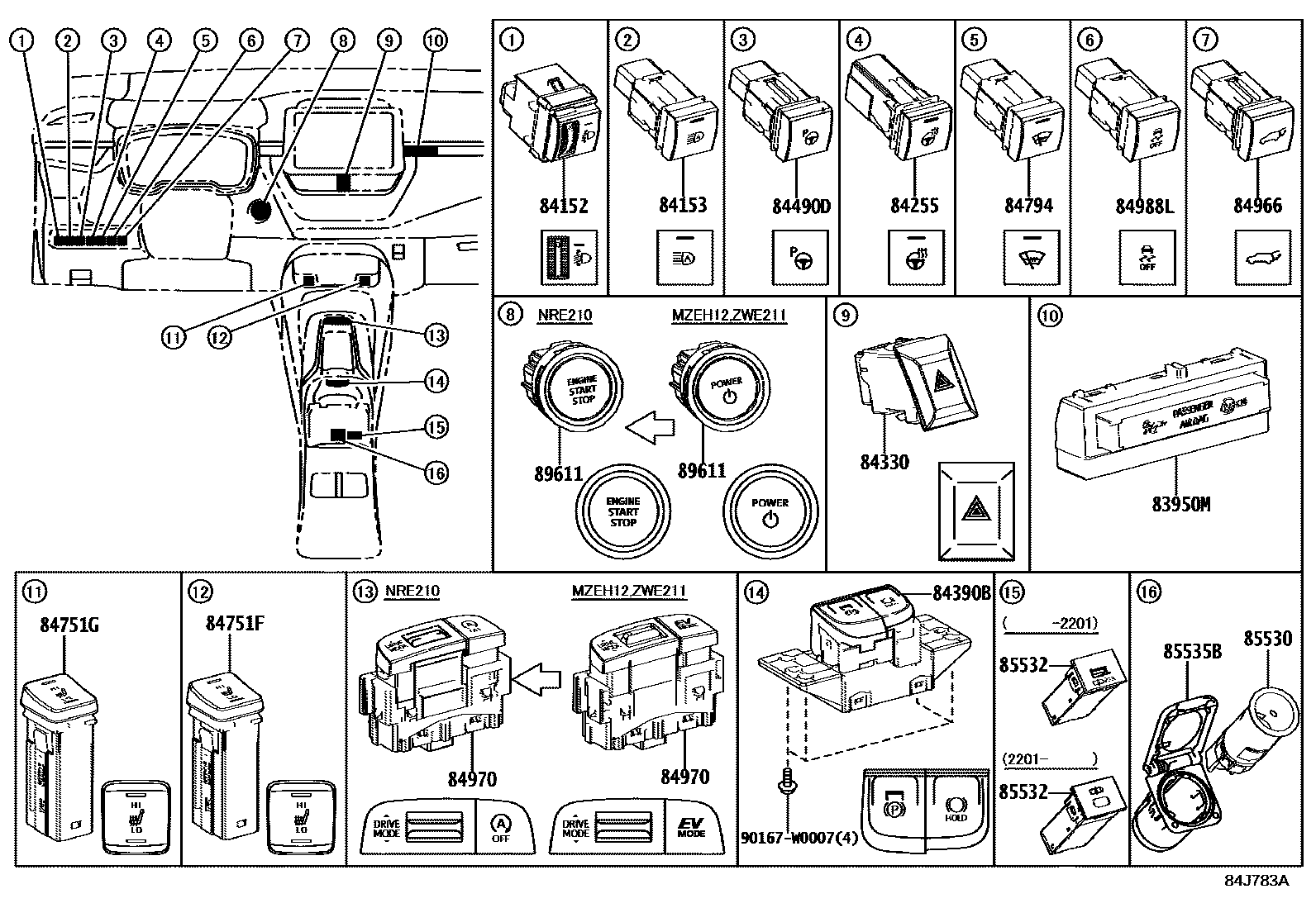 Toyota COROLLA 开关和继电器和ECU EPC diagram — 84J783A