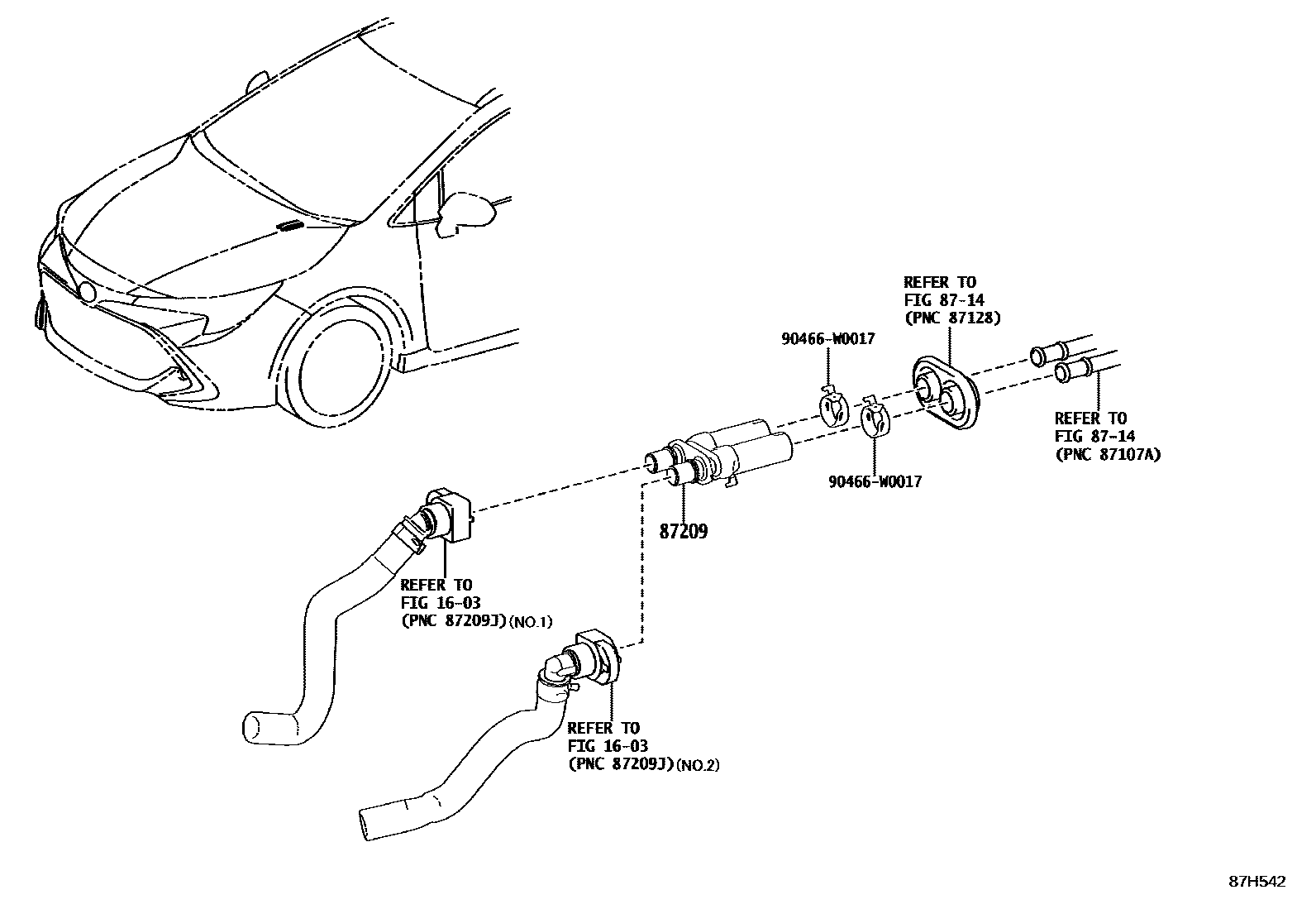 Toyota COROLLA 暖风和空调系统 - 水管 EPC diagram — 87H542