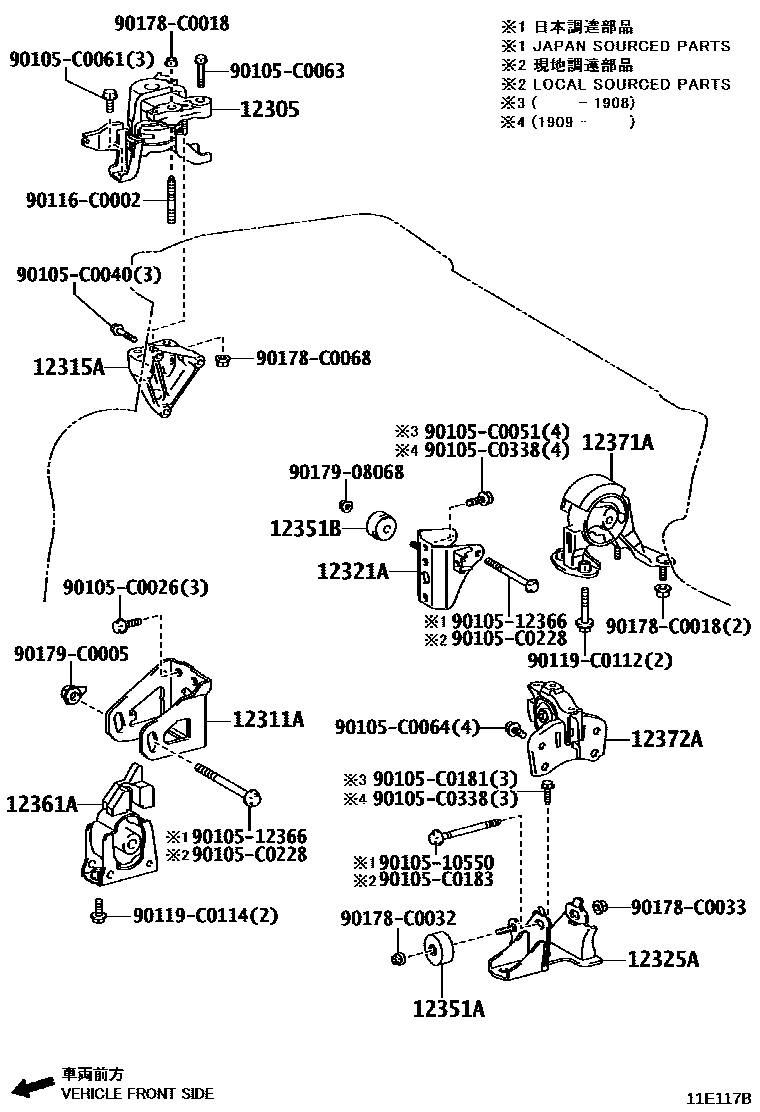 Toyota COROLLA Engine Mounting EPC diagram — 11E117B