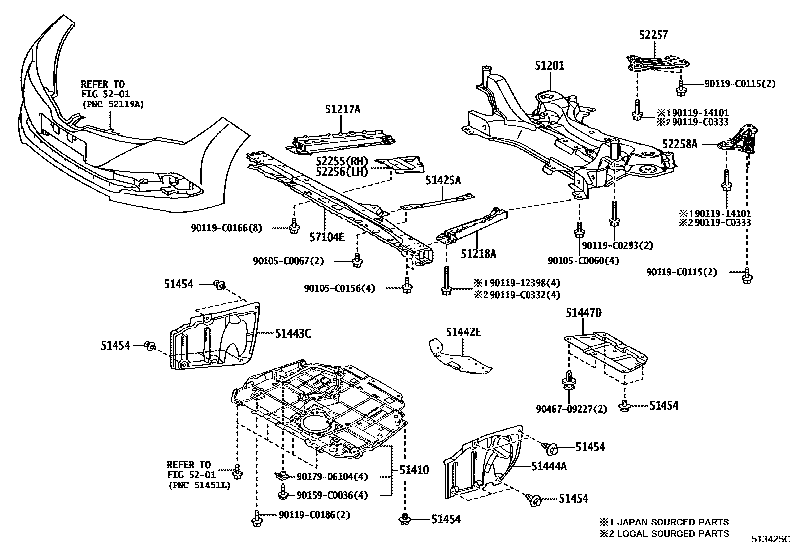 Toyota COROLLA 悬架横梁和发动机底罩 EPC diagram — 513425C