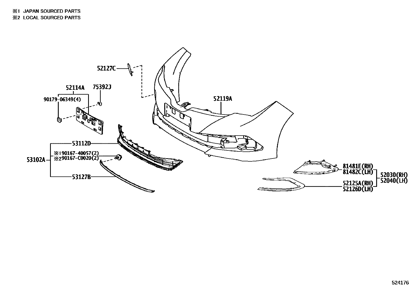 Toyota COROLLA 前保险杠及附件 EPC diagram — 524176