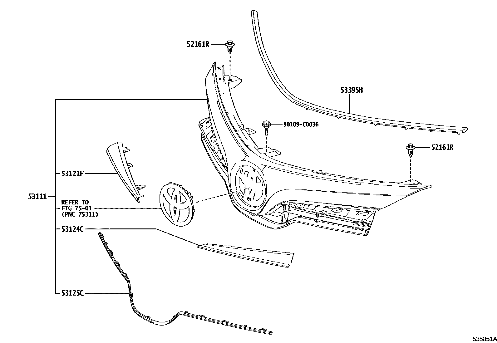 Toyota COROLLA radiator grille EPC diagram — 535851A