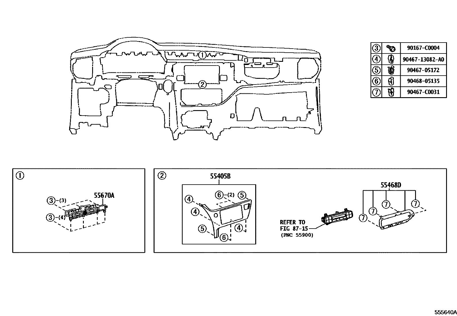 Toyota COROLLA 仪表板和手套箱 EPC diagram — 555640A