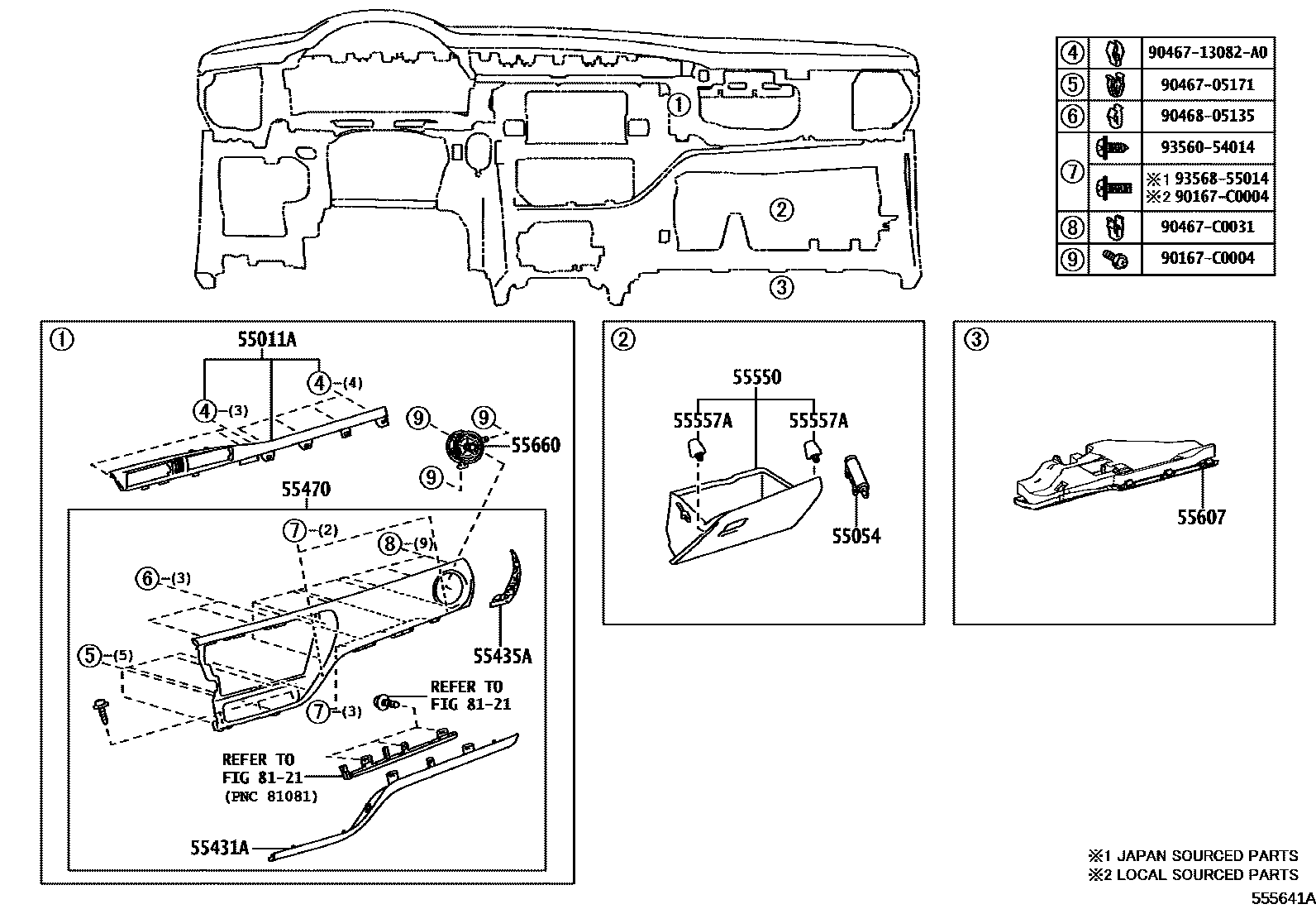 Toyota COROLLA 仪表板和手套箱 EPC diagram — 555641A