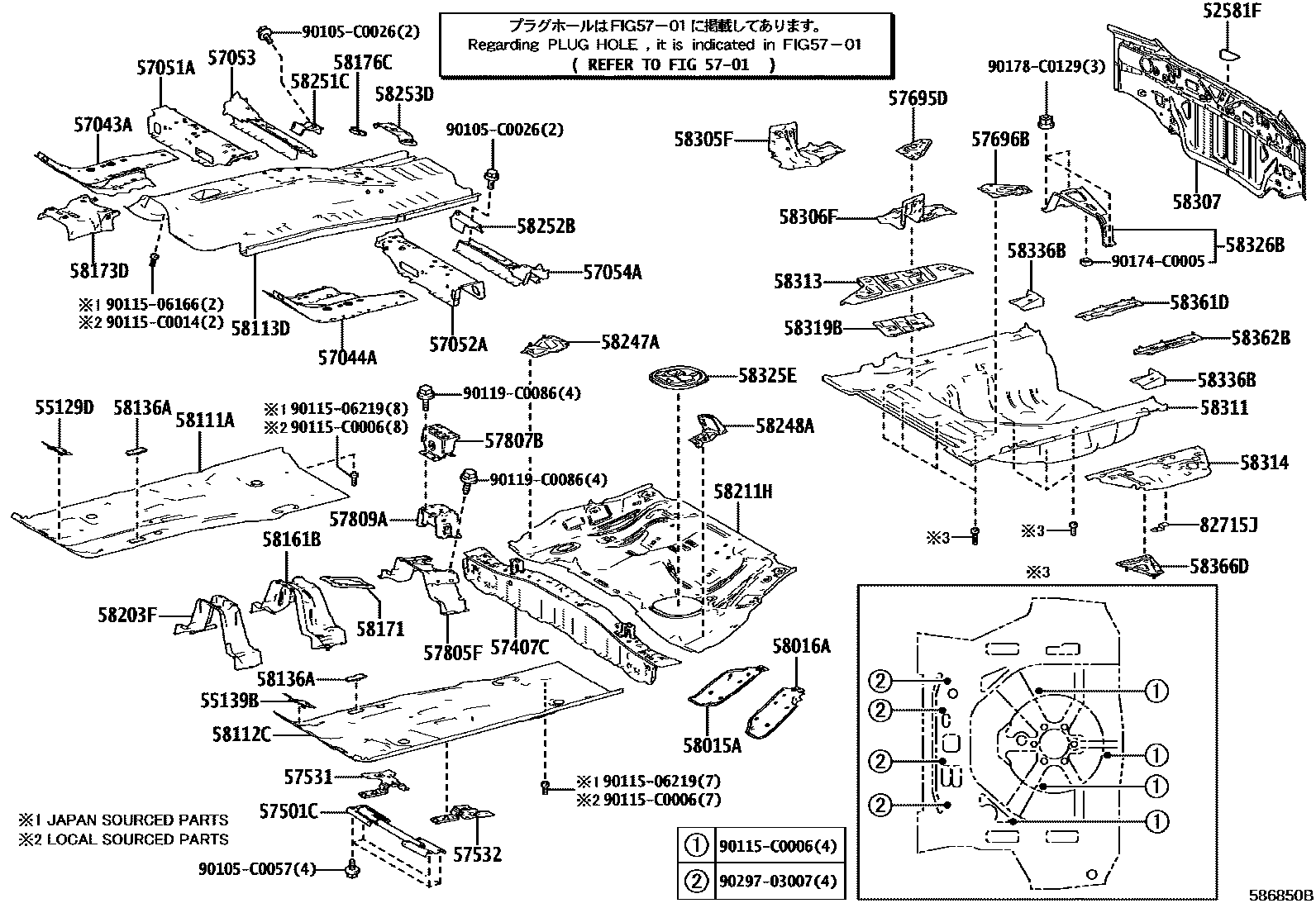 Toyota COROLLA 浅盘形地板和车身下背板 EPC diagram — 586850B