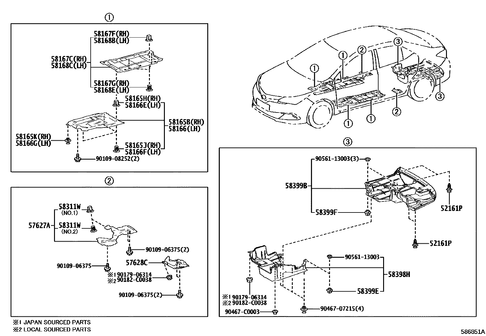 Toyota COROLLA 浅盘形地板和车身下背板 EPC diagram — 586851A
