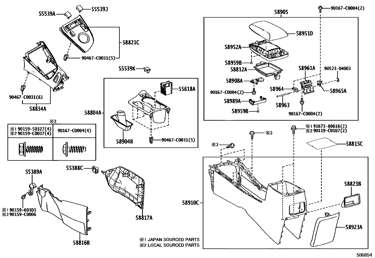 Toyota COROLLA 中央扶手箱和支架 EPC diagram — 586854