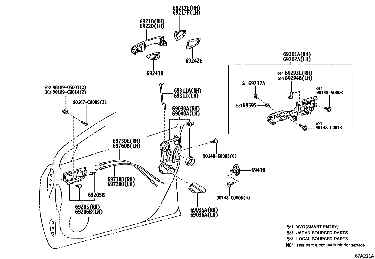 Toyota COROLLA 前门锁和车门把手 EPC diagram — 67A211A