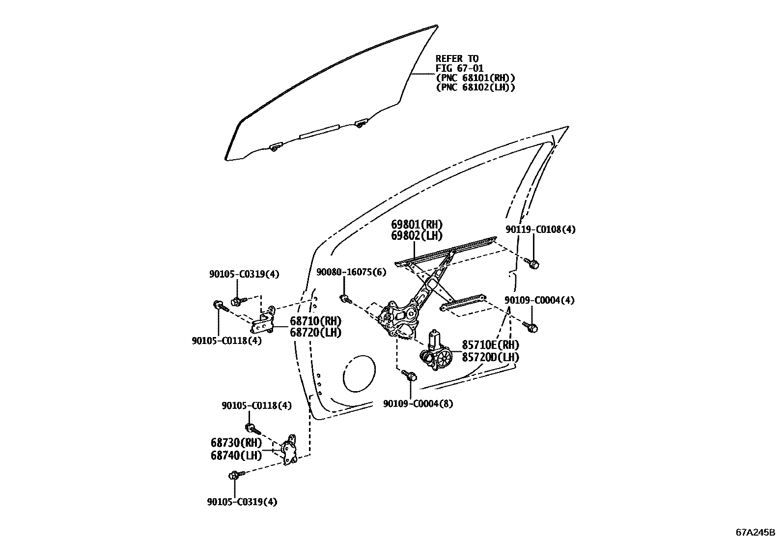 Toyota COROLLA 前门车窗升降器和合页 EPC diagram — 67A245B