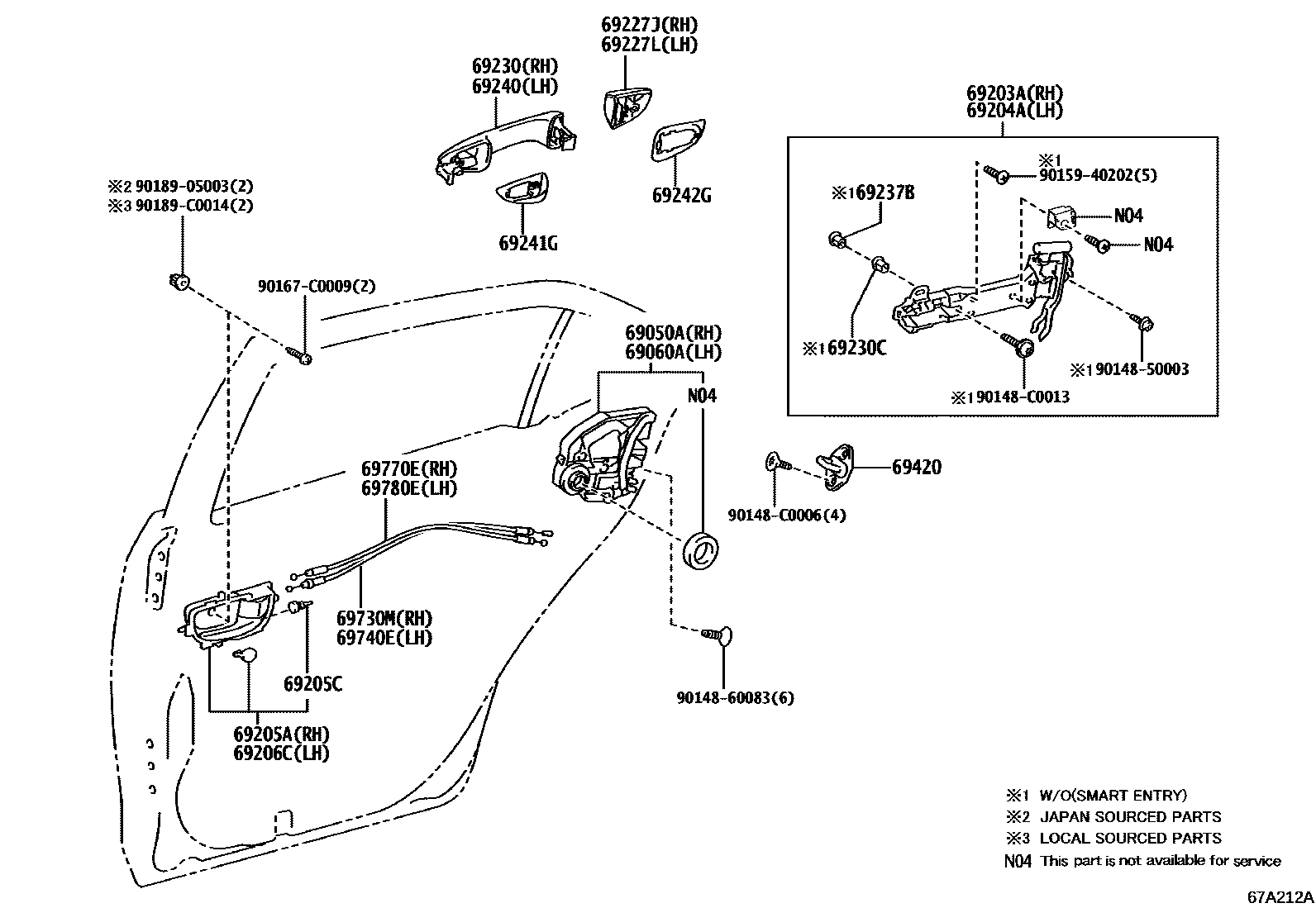 Toyota COROLLA 后门锁和后门把手 EPC diagram — 67A212A