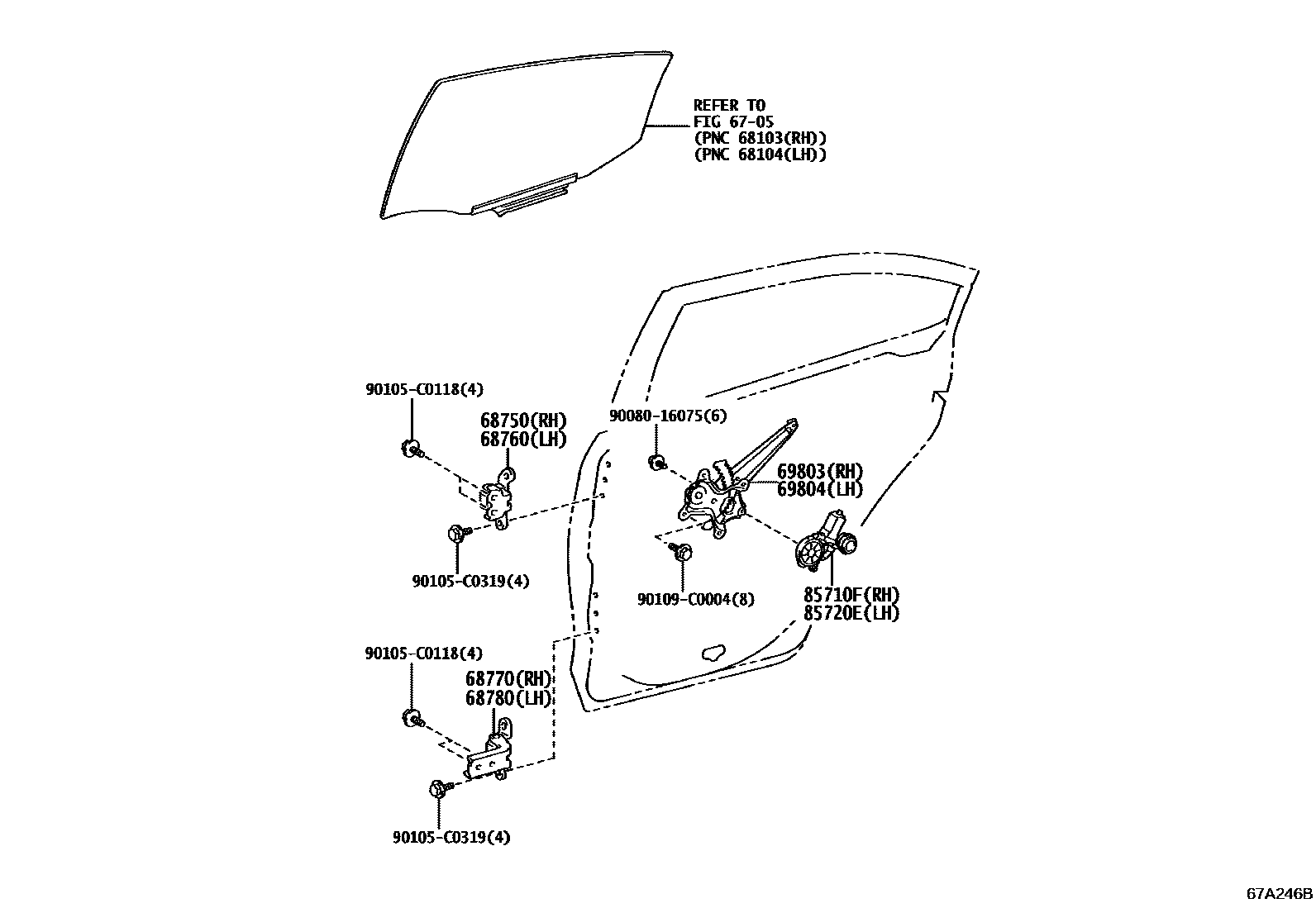 Toyota COROLLA 后门车窗升降器和合页 EPC diagram — 67A246B