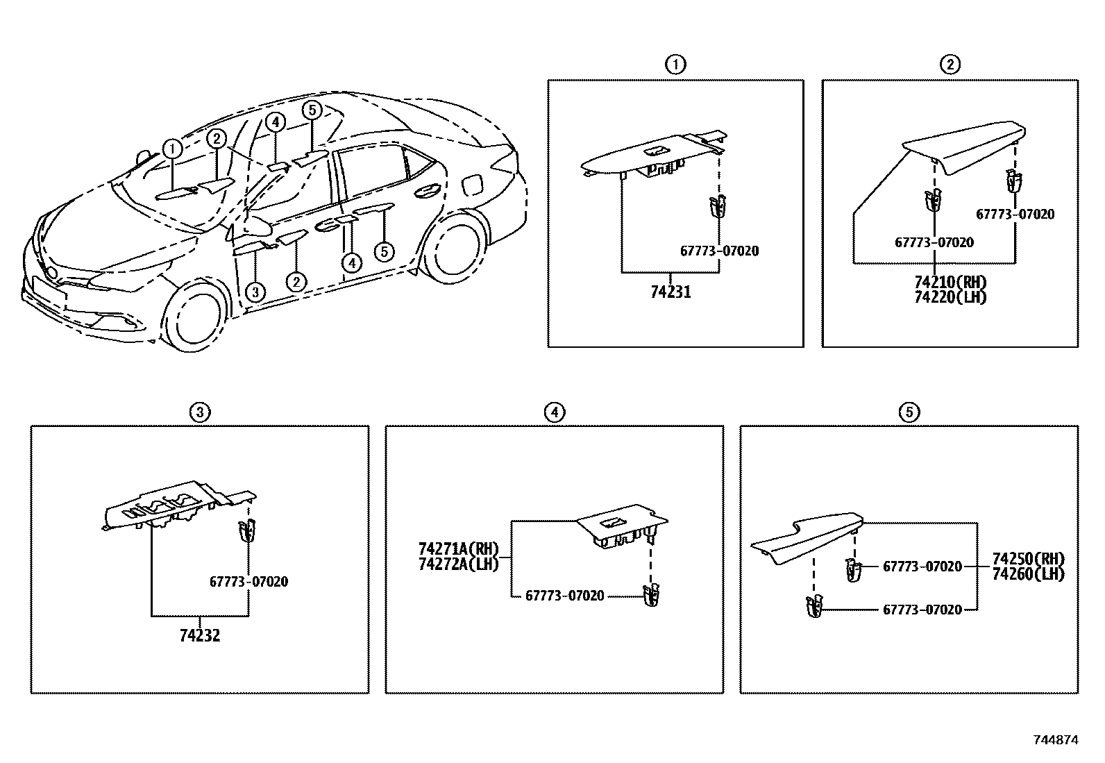 Toyota COROLLA 扶手和遮阳板 EPC diagram — 744874