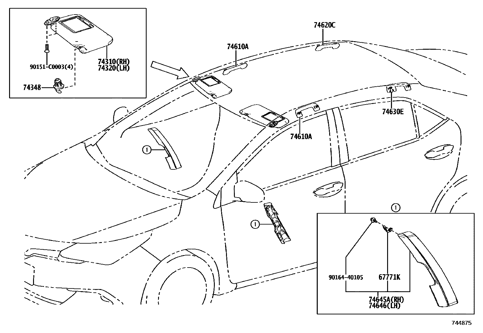 Toyota COROLLA 扶手和遮阳板 EPC diagram — 744875
