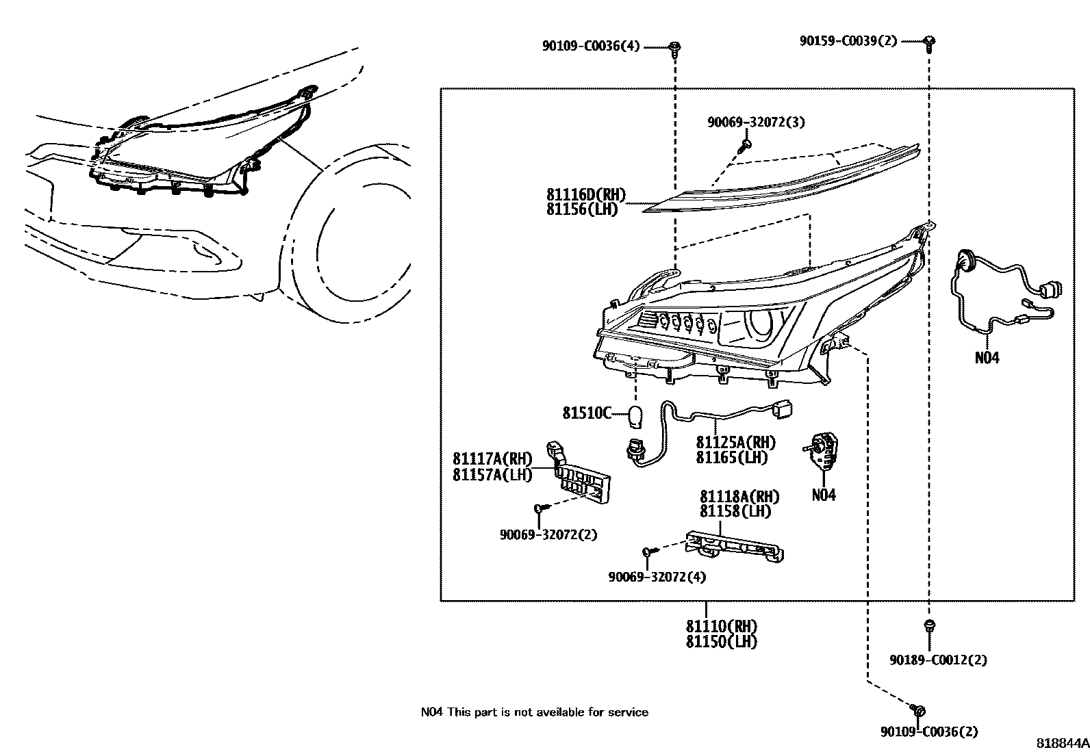 Toyota COROLLA Headlamp EPC diagram — 818844A