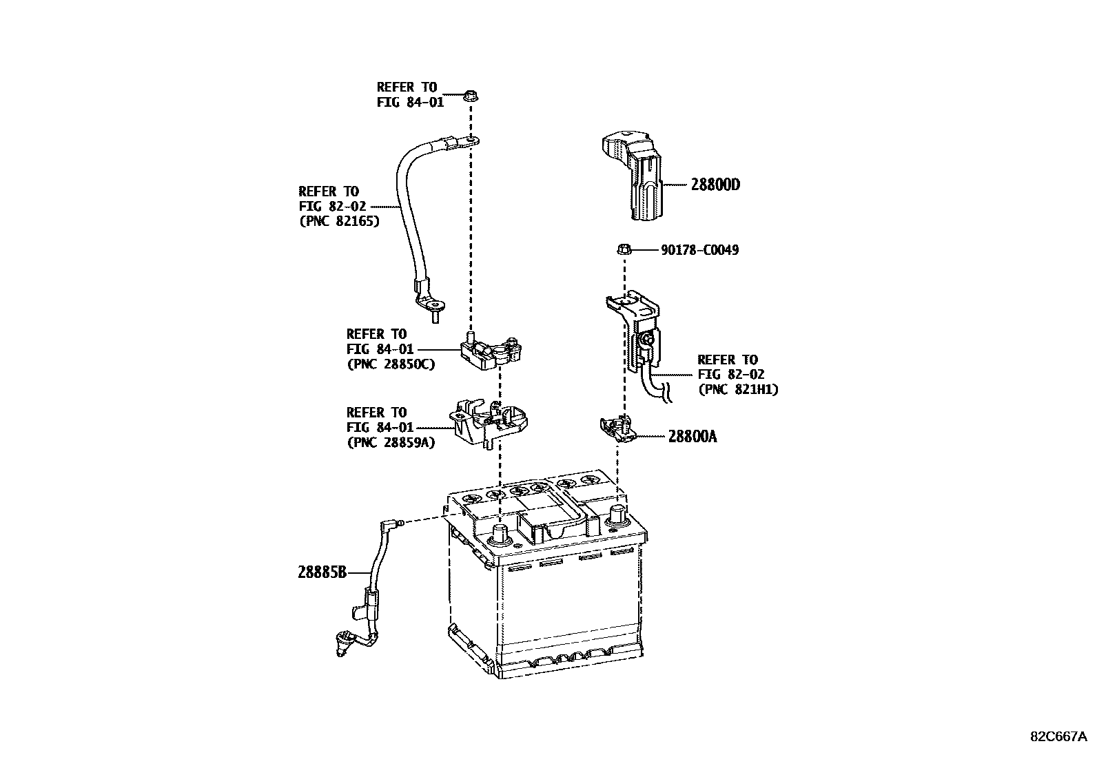 Toyota COROLLA 蓄电池和蓄电池电缆 EPC diagram — 82C667A