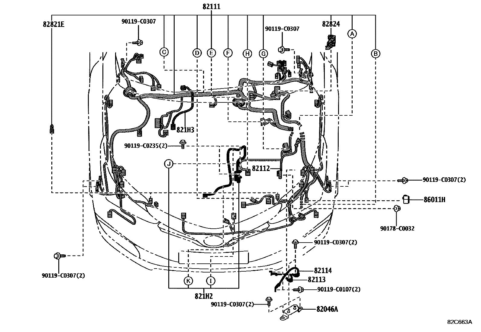Toyota COROLLA 线束和卡夹 EPC diagram — 82C663A