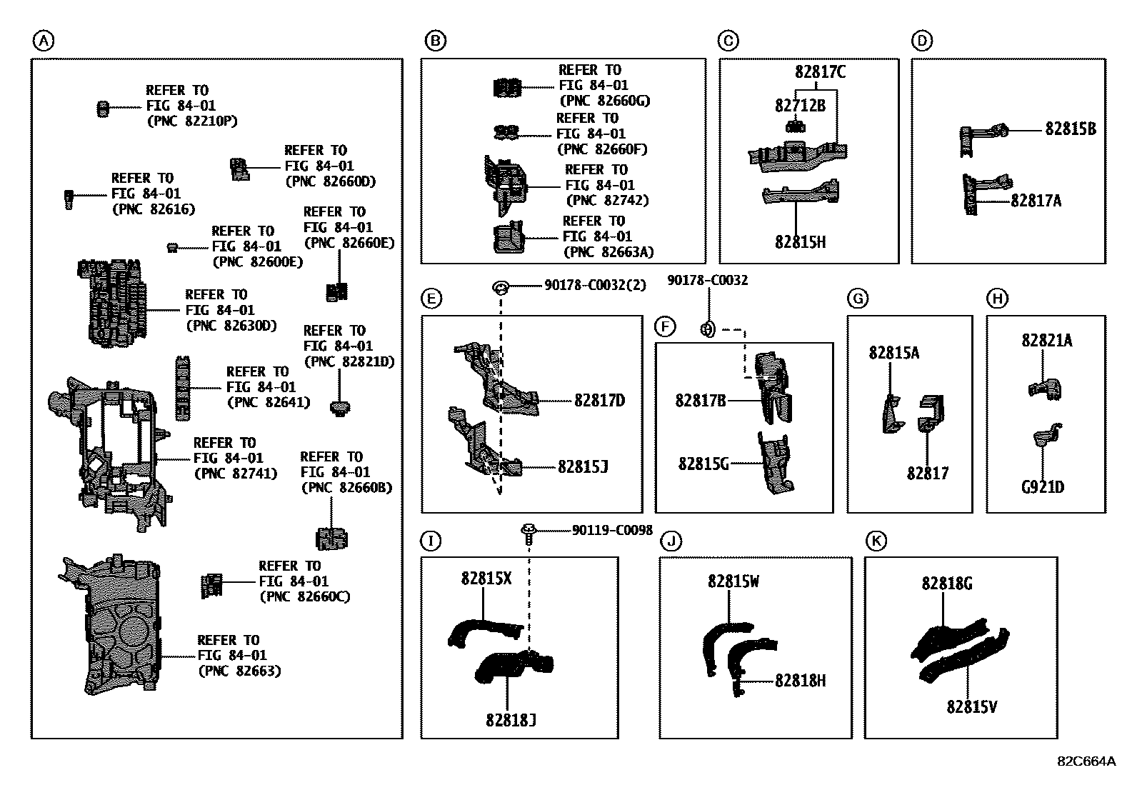 Toyota COROLLA 线束和卡夹 EPC diagram — 82C664A