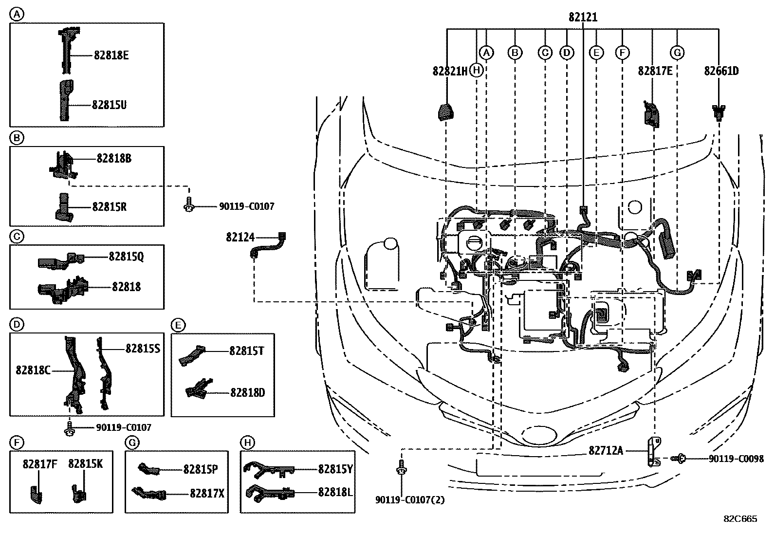 Toyota COROLLA 线束和卡夹 EPC diagram — 82C665