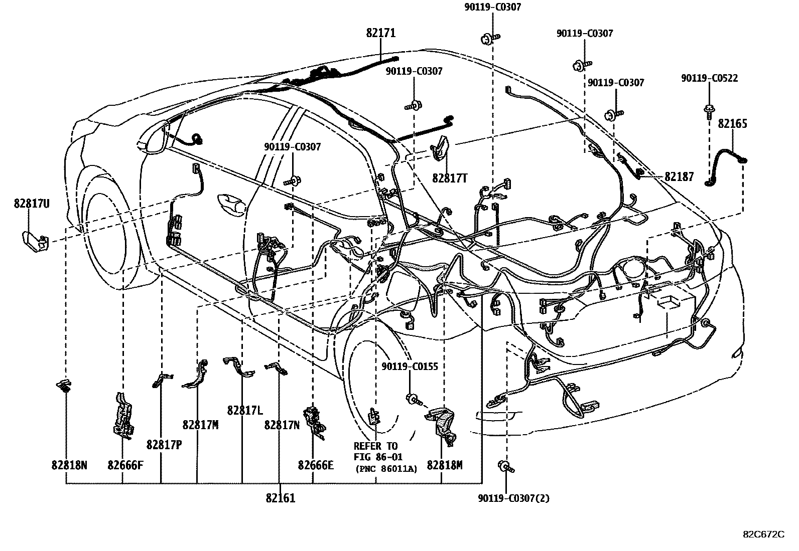 Toyota COROLLA 线束和卡夹 EPC diagram — 82C672C