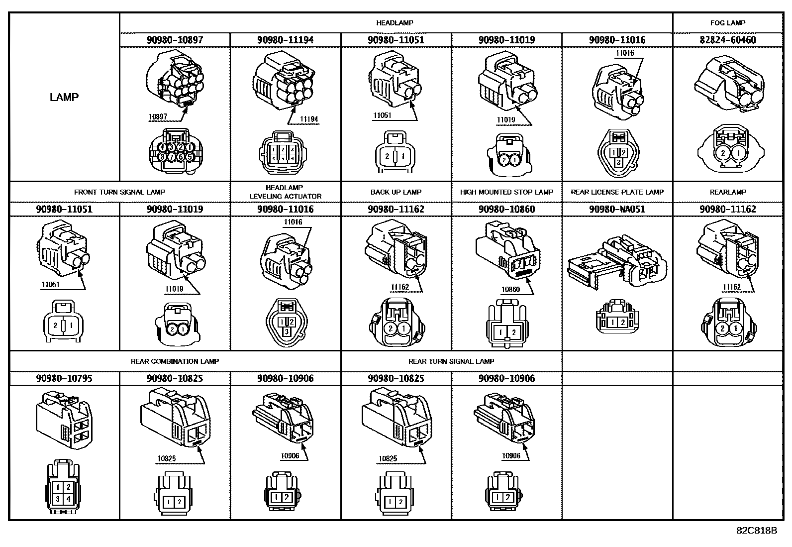 Toyota COROLLA 线束和卡夹 EPC diagram — 82C818B