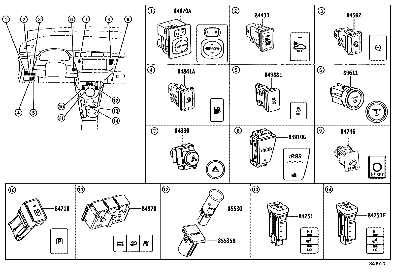 Toyota COROLLA 开关和继电器和ECU EPC diagram — 84J910