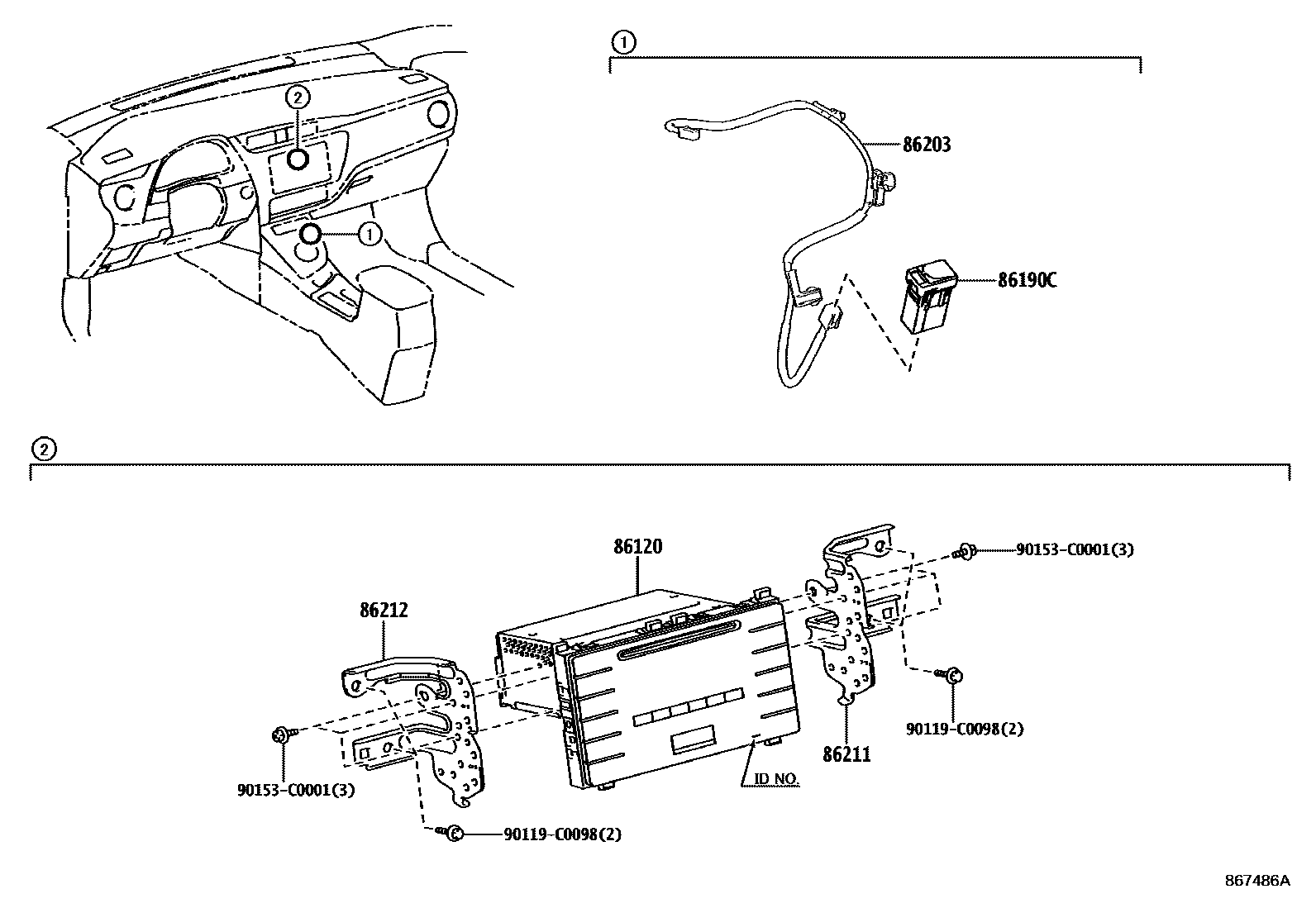 Toyota COROLLA 收音机、放大器和冷凝器 EPC diagram — 867486A
